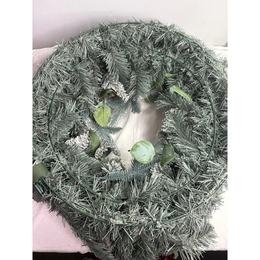 Large frosted  decorated pre lit Artificial Christmas Wreath with Iridescent Orn